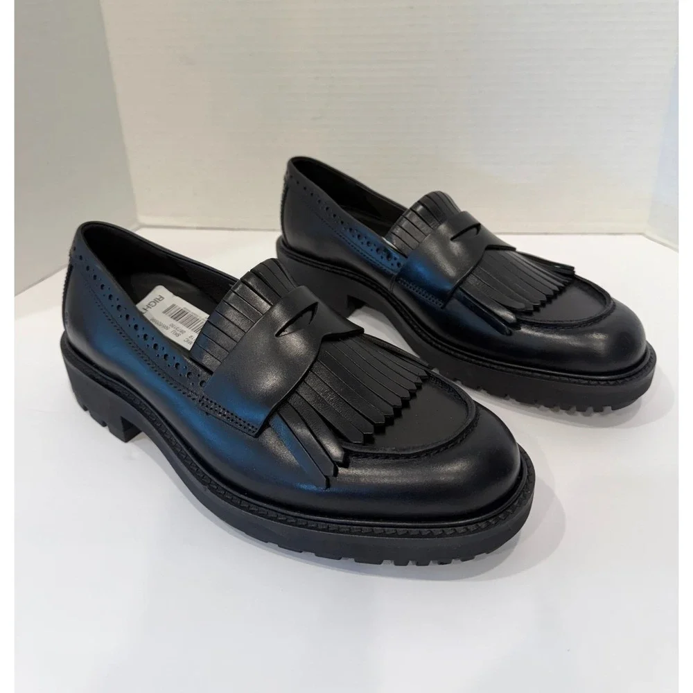 ECCO New Preppy Black Leather Lug Sole Kiltie Penny Loafer Slip On Shoes 10